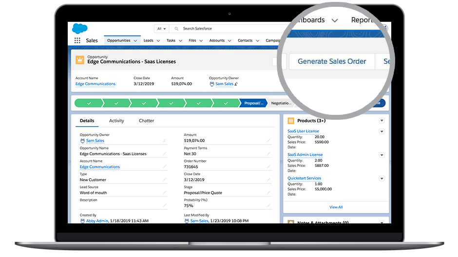 Captura de pantalla de la interfaz de Salesforce donde muestra "Generate Documents" (Generar documentos)